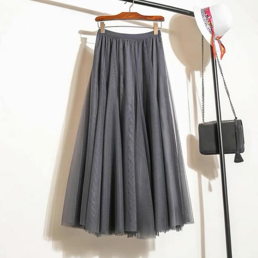 NEW Grey Tulle Mesh A-Line Midi Skirt